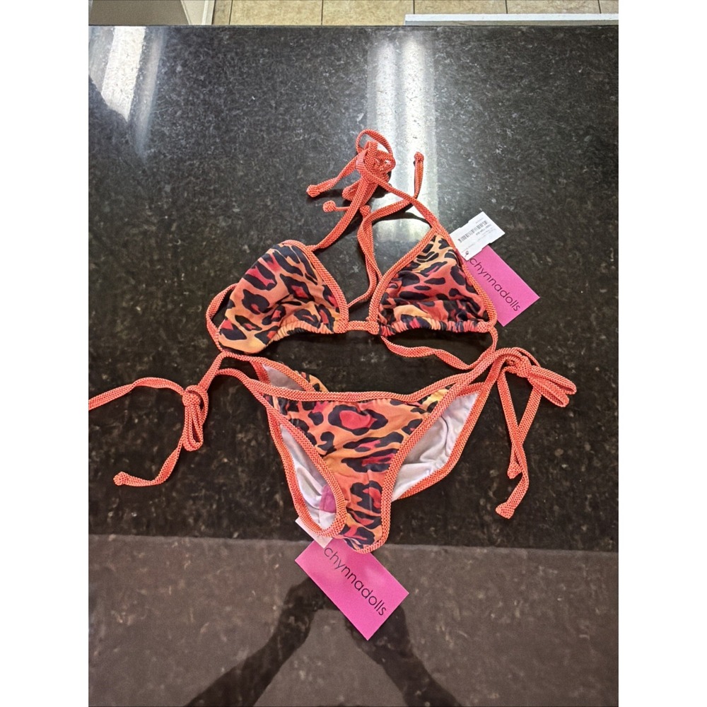 Chynna Dolls Bikini Swimwear Dancer Sz S/M Orange Animal Print Scrunch Butt NWT